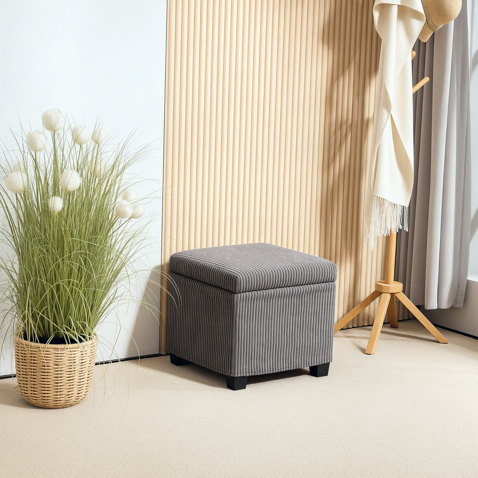 Storage Ottoman Bench, Corduroy Footstool with Removable Lid and Legs, 40cm Storage Chest Box for Living Room, Bedroom, Hallway, Grey