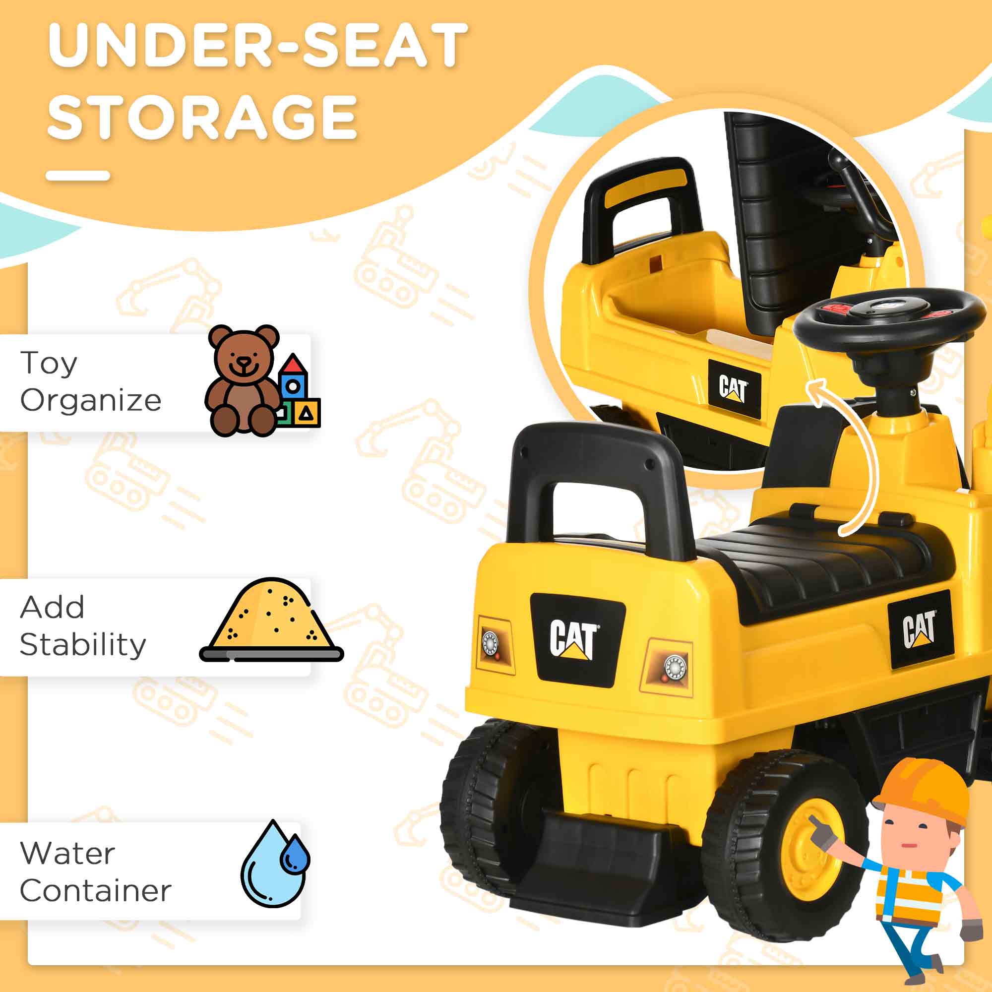 CAT Licensed Kids Ride on Digger Toddler Pretend Construction Play Toy Foot-To-Floor Ride-On Toy w/ Manual Shovel, Horn, Hidden Storage, for Ages 1-3 Years