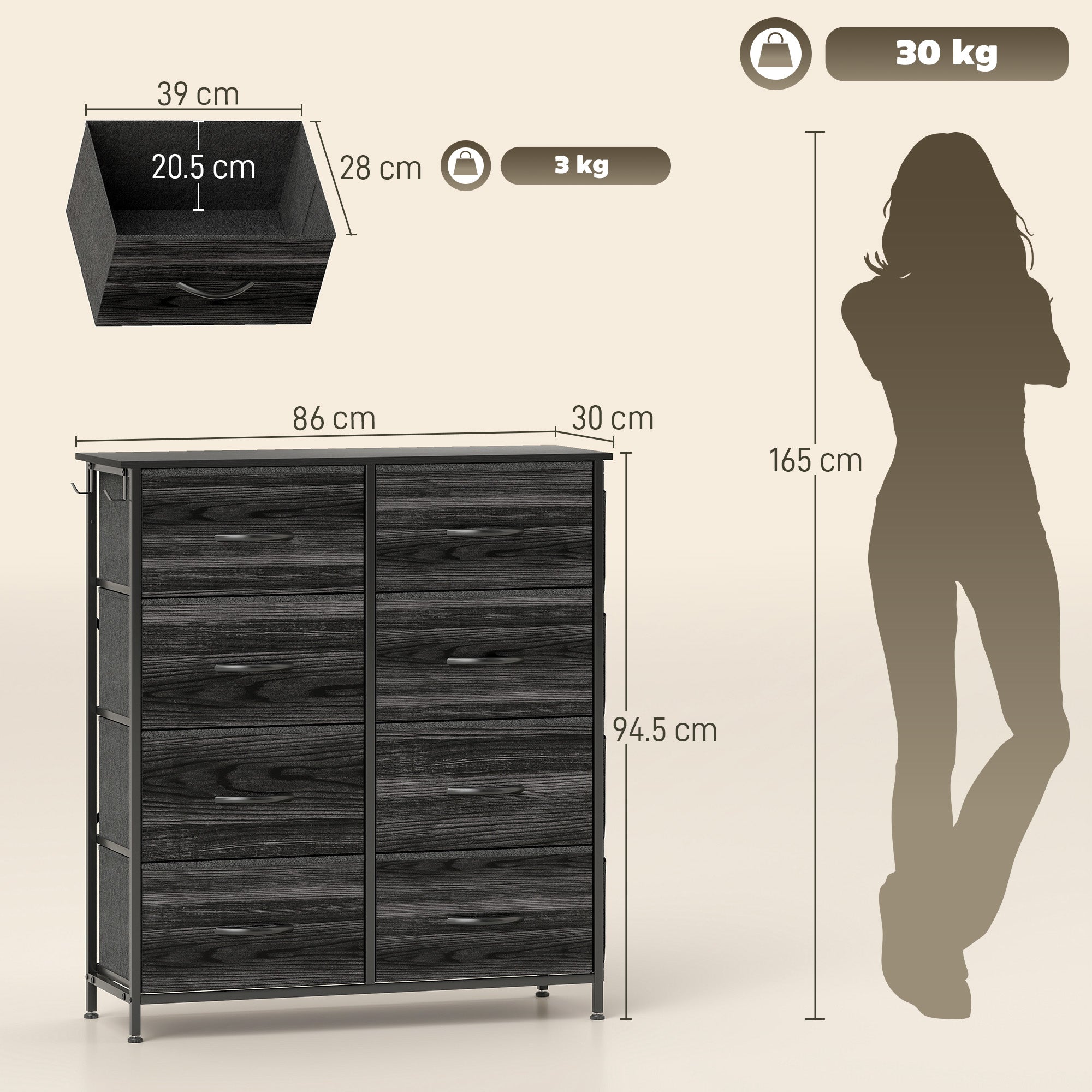 Chest of Eight Fabric Drawers - Black