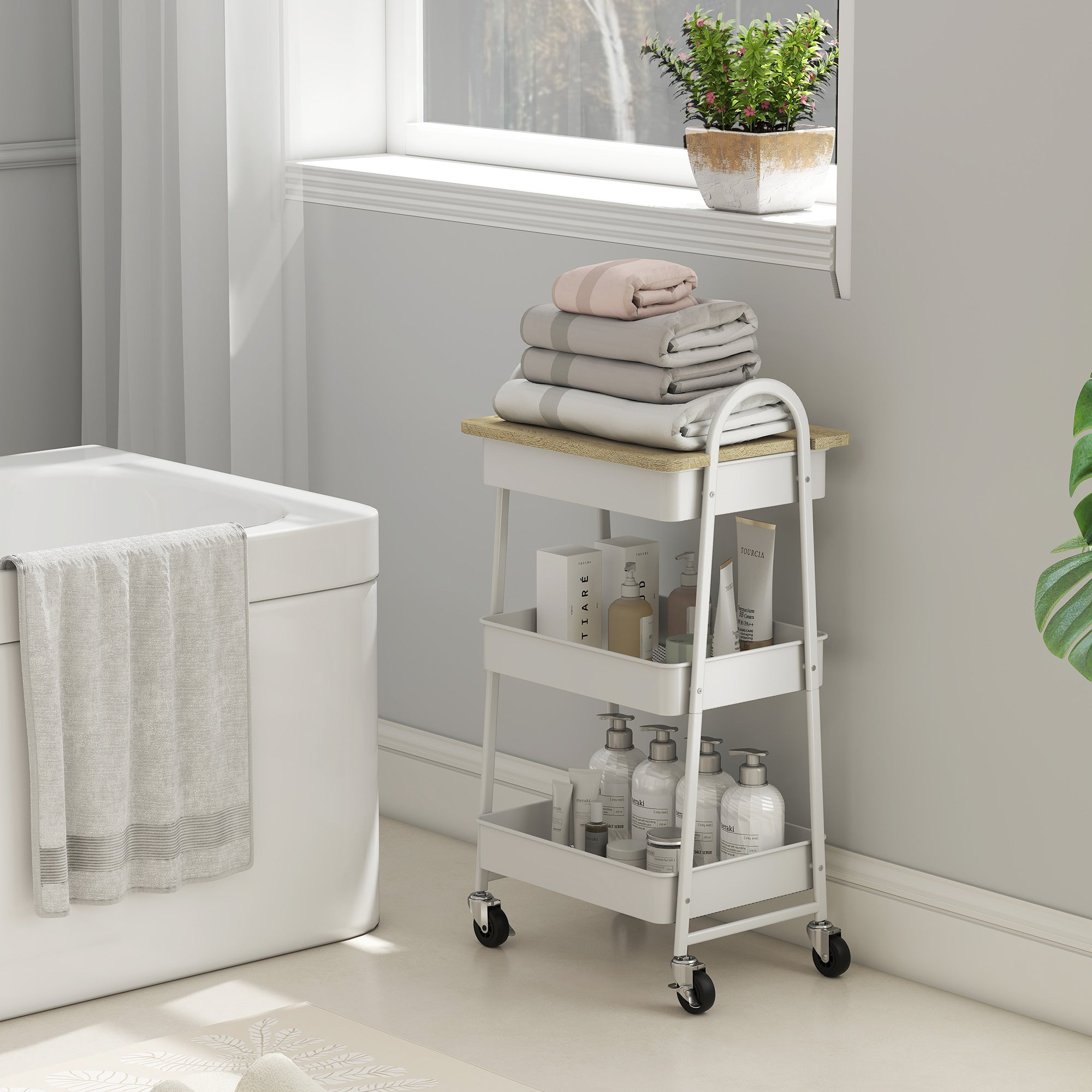 Fynco - 3-Tier Kitchen Storage Trolley with on Wheels Cover Top Board - White and Oak