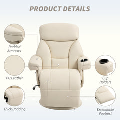 Fynco - Manual Recliner Chair with Footrest, Upholstered Reclining Armchair with Adjustable Backrest and Cup Holder, PU Leather Swivel Chair for Living Room, Bedroom, Cream White