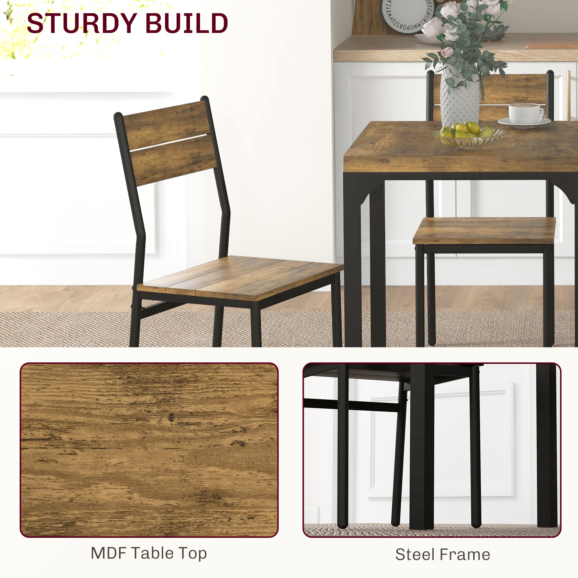 Three-Piece Minimal and Compact Dining Set, Rustic Brown