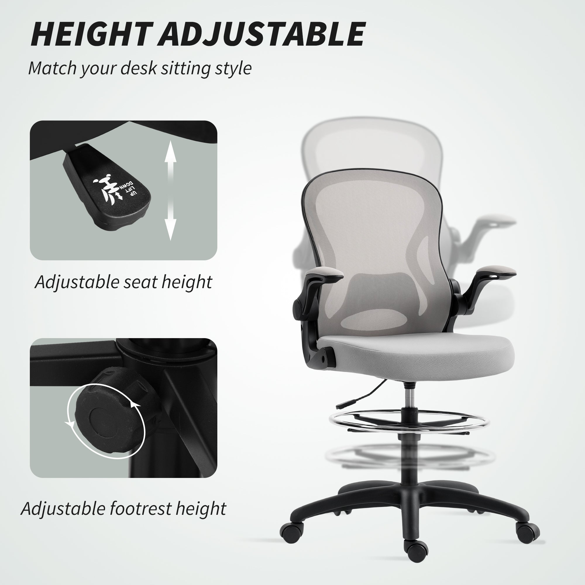 Fynco - Adjustable Mesh Standing Desk Chair with Flip-up Armrests Lumbar Support Armrests Adjustable Footrest Ring Grey
