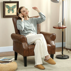 Upholstered Accent Chair with Rolled Arms and Wood Legs, Armchair for Living Room Bedroom, Brown