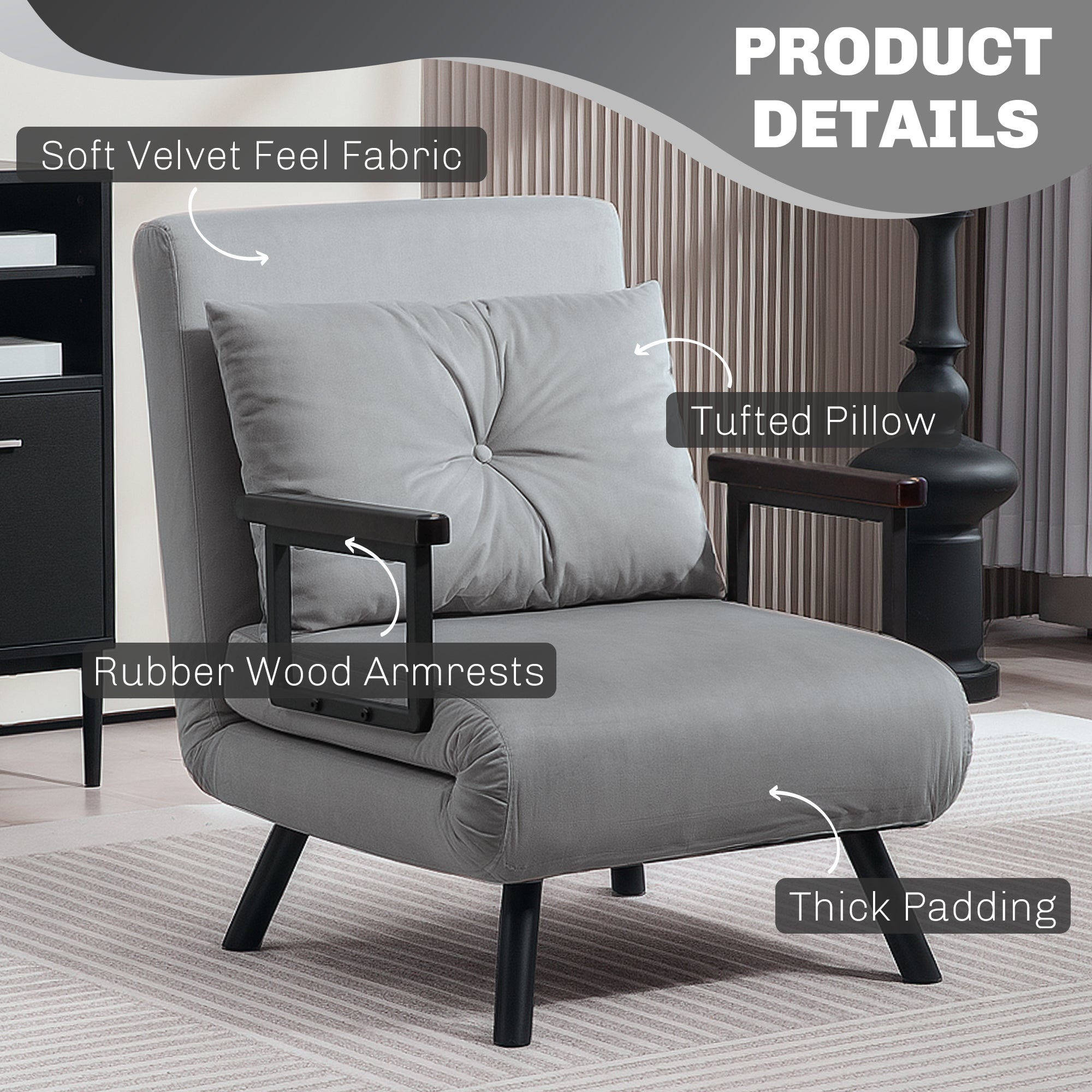 4-in-1 Velvet-Feel Single Chair Bed, with Pillow - Light Grey