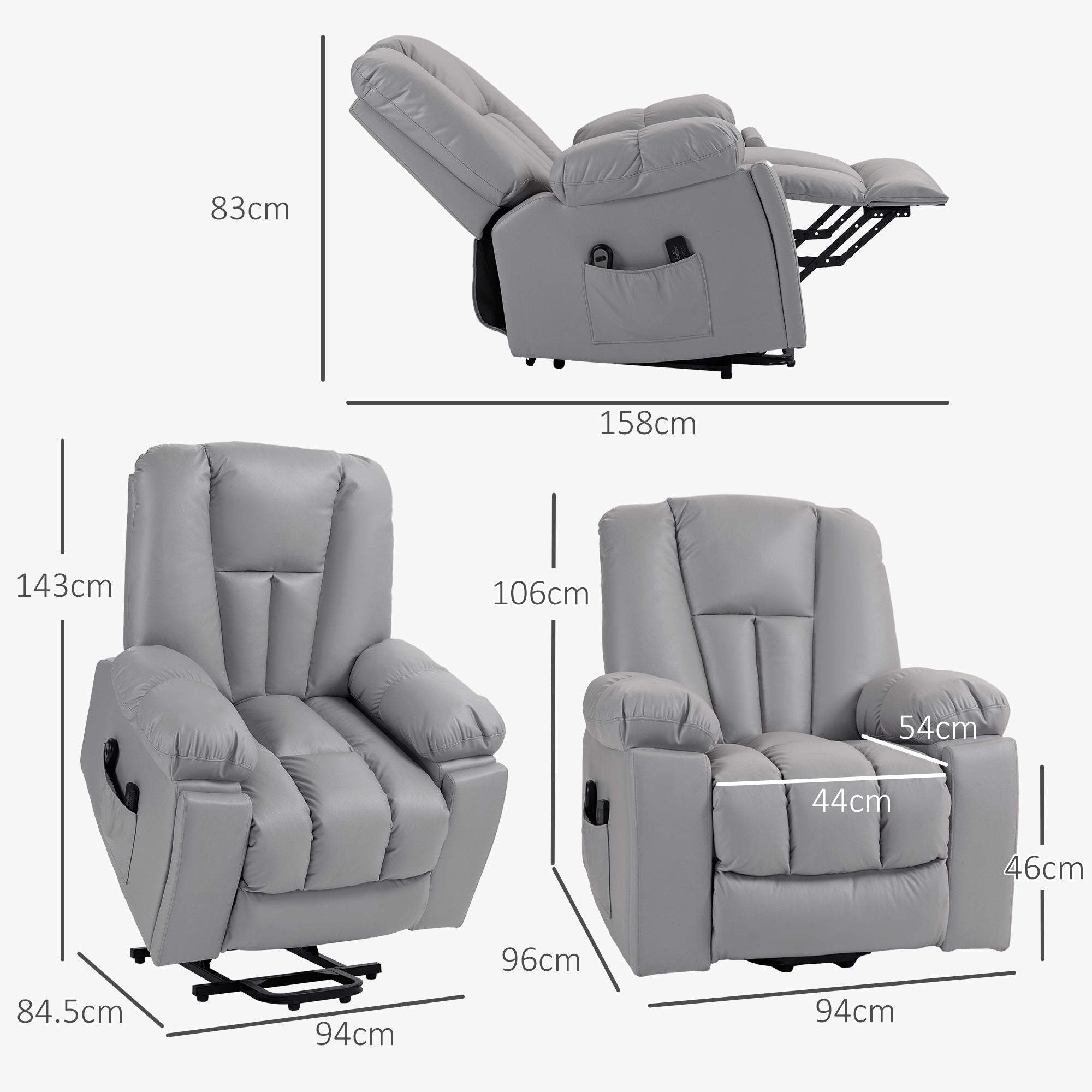 Leathaire Eight Massage Point Armchair, with Reclining Back - Charcoal Grey