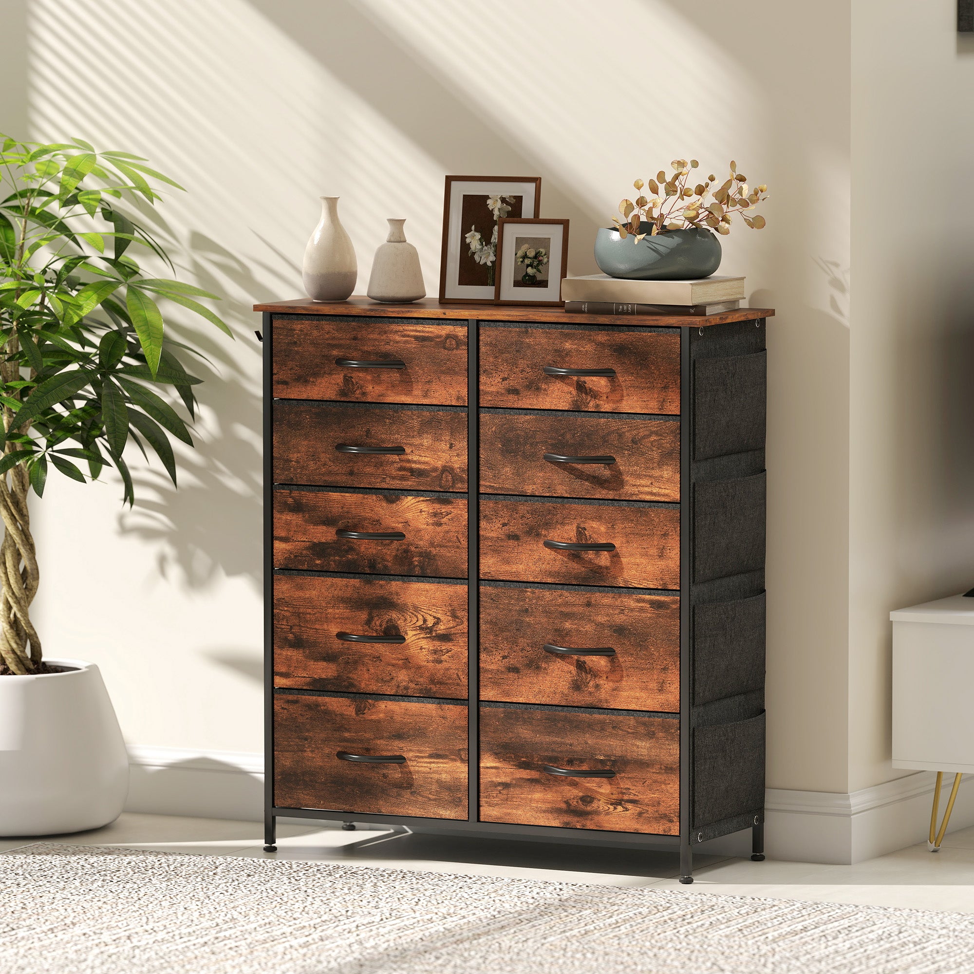 Chest of Ten Fabric Drawers - Rustic Brown