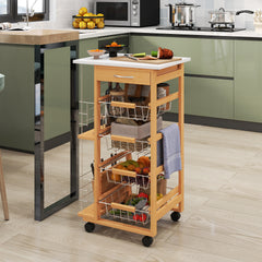 Rolling Kitchen Cart, Utility Storage Cart with 4 Basket Drawers & Side Racks, Wheels for Dining Room, Brown