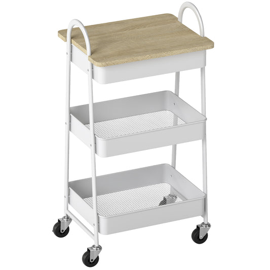 Fynco - 3-Tier Kitchen Storage Trolley with on Wheels Cover Top Board - White and Oak