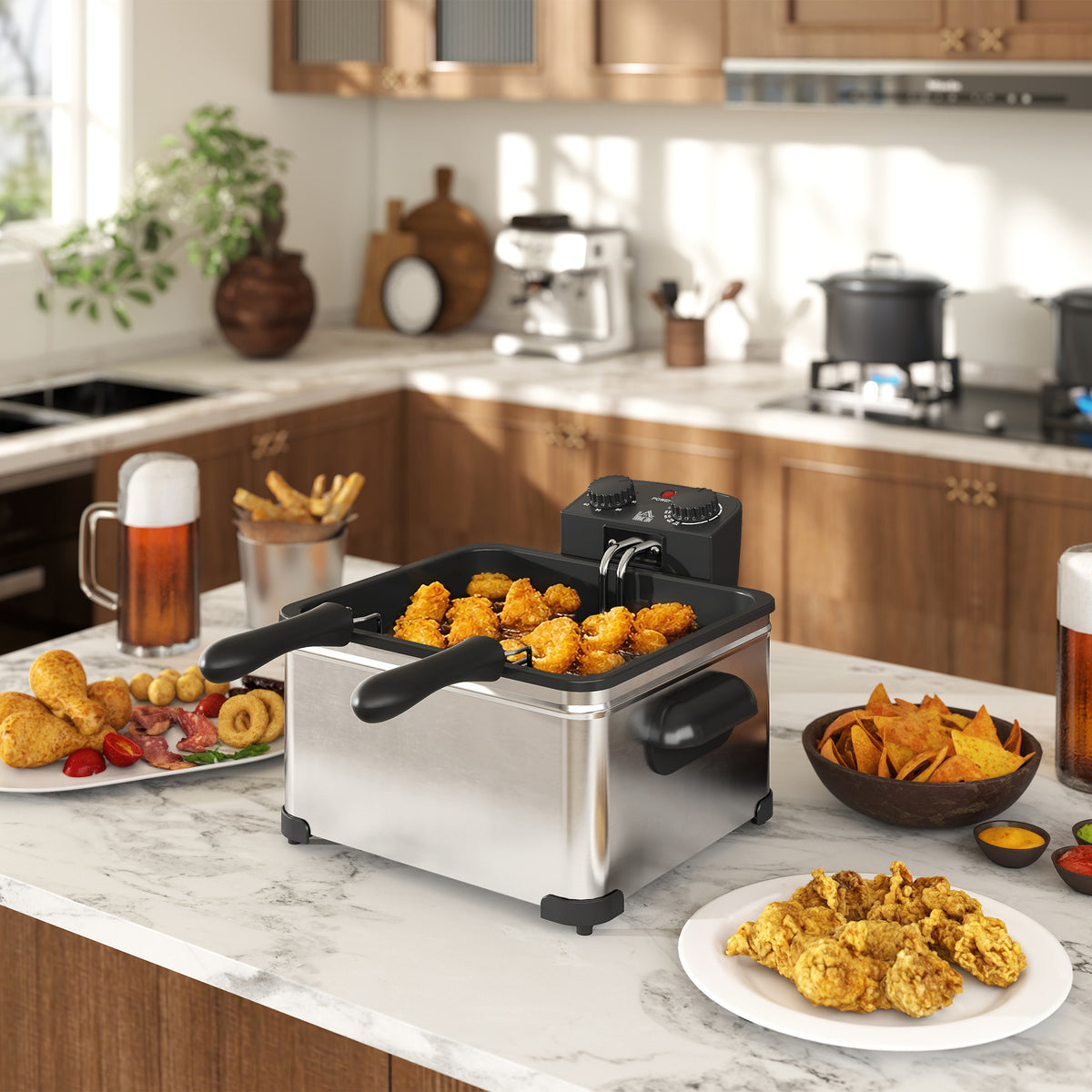 5 Litre Deep Fat Fryer with Adjustable Temperature & Timer, 2000W Stainless Steel Deep Fryer with Removable Oil Basket and Viewing Window, for Chips Fried Chicken