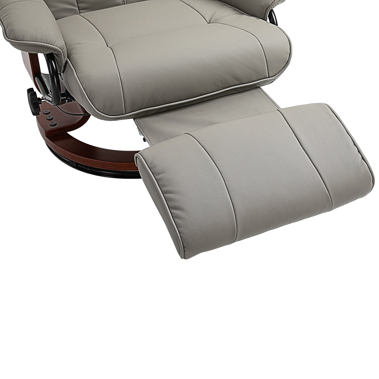 360° Swivel Recliner Chair with Footstool, Manual Recliner Armchair with Wooden Base, Faux Leather Upholstered Reclining Chair for Living Room, Bedroom, Office, Grey