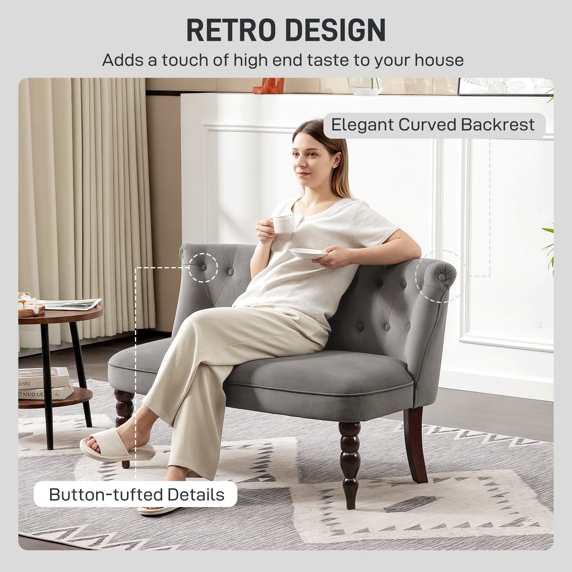 Fynco - Velvet 2 Seater Sofa, Button Tufted Wingback Loveseat with Rubber Wood Legs for Living Room, Bedroom, Charcoal Grey