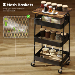 Fynco - 3-Tier Kitchen Storage Trolley with on Wheels Cover Top Board - Rustic Brown and Black