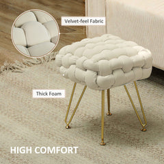 Velvet-Feel Bold Woven Footstool - Cream White