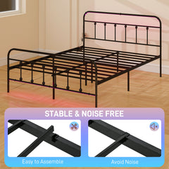King Bed Frame with LED Lights and Charging Station, Metal Platform Bed Frame with Under Bed Storage, Black