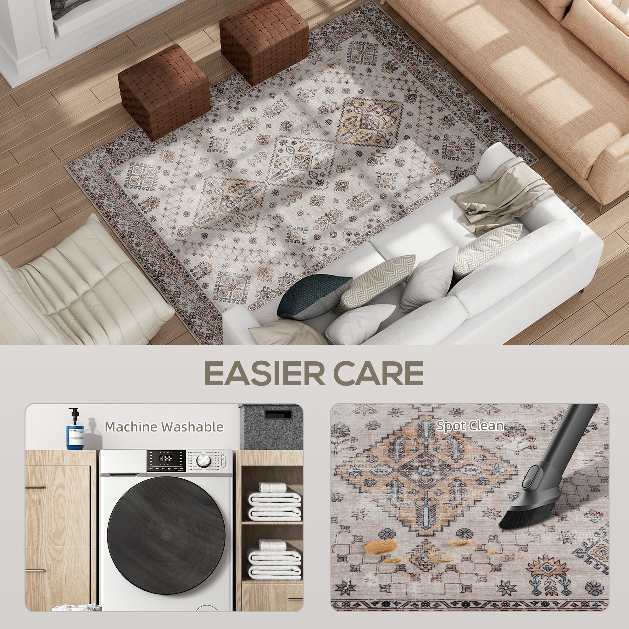 Fynco - Vintage Area Rug, Non-Slip Washable Rug, Flannel Floor Carpet for Living Room, Bedroom, Dining Room, Home Office, 230 x 160 cm, Beige