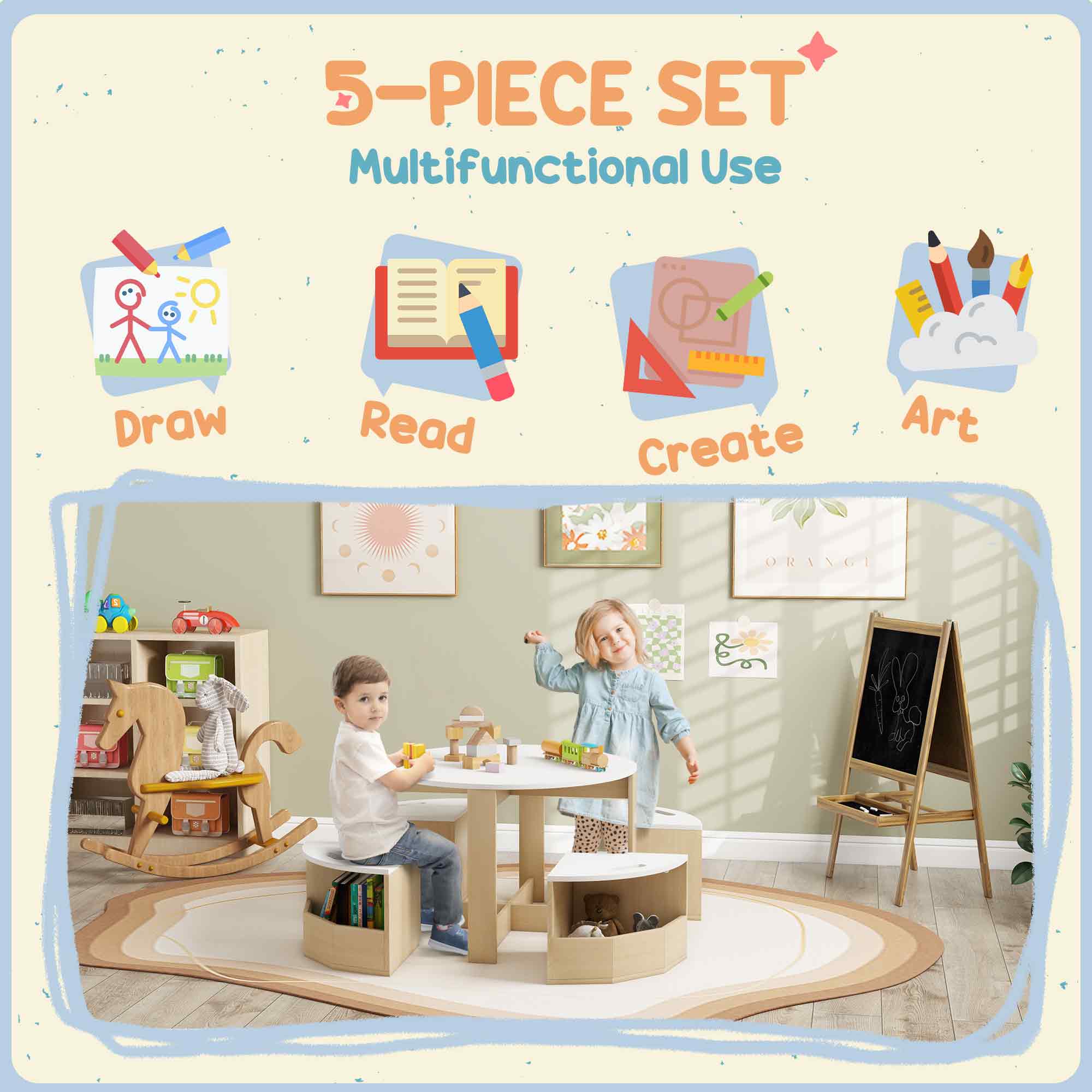 AIYAPLAY Five-Piece Kids Table and Chairs Set with Storage, for Ages 3-8 Years, White