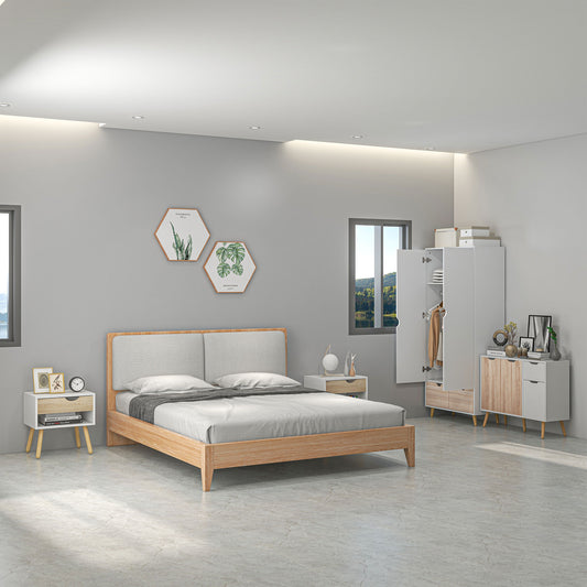 Bedroom Furniture Set, Wardrobe with Hanging Rod, Side Cabinet with wood legs , Bedside Table with Drawer, Nature Wood Finish and White