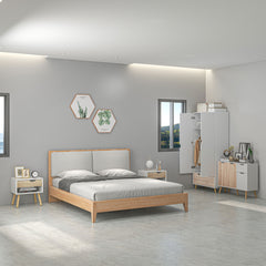 Bedroom Furniture Set, Wardrobe with Hanging Rod, Side Cabinet with wood legs , Bedside Table with Drawer, Nature Wood Finish and White