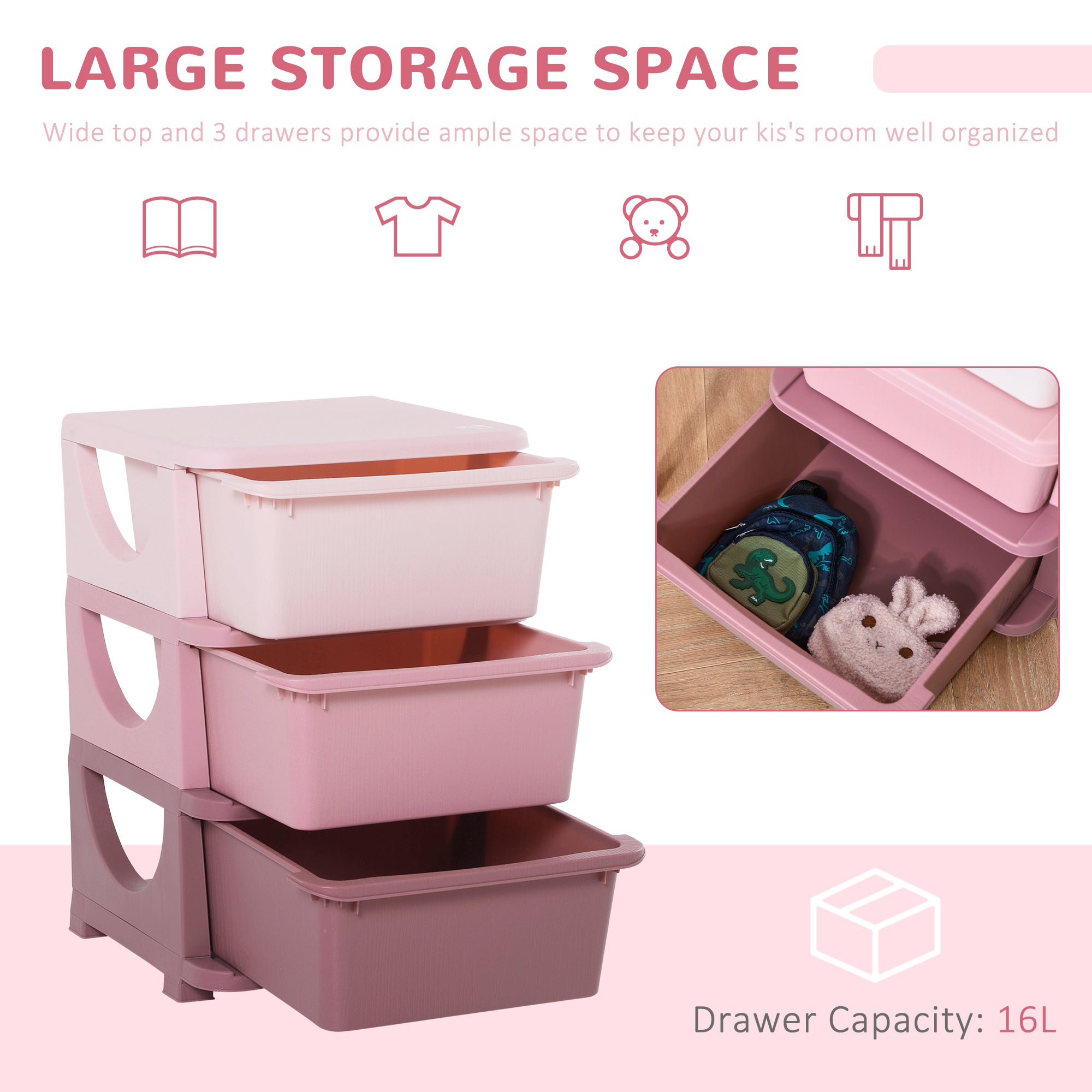 Kids Storage Units with 3 Drawers 3 Tier Chest Vertical Dresser Tower Toy Organiser for Nursery Playroom Kindergarten Pink