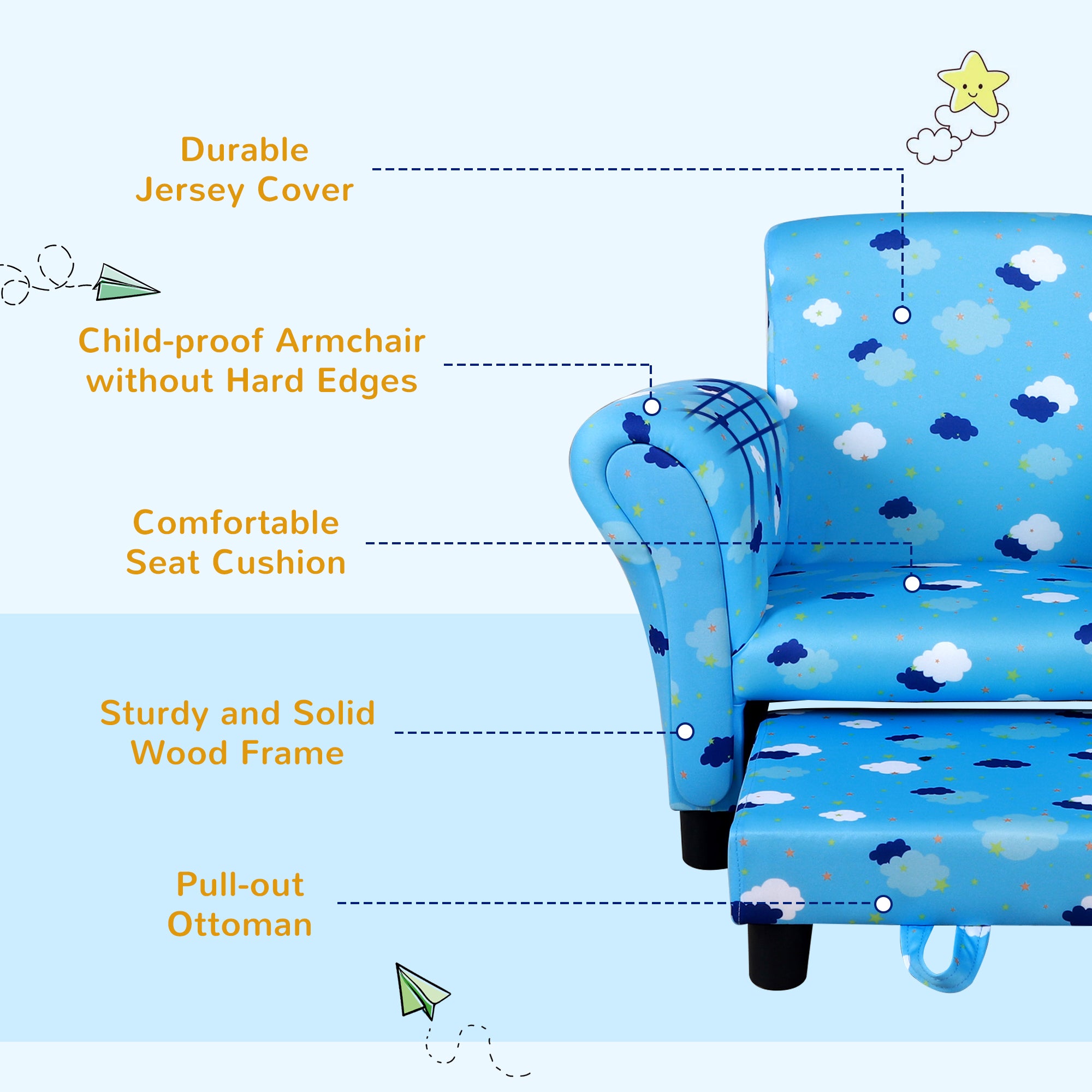 Toddler Chair Children's Armchairs Wood Frame w/ Footrest Anti-Slip Legs High Back Arms for Bedroom Playroom Cute Cloud Star Blue