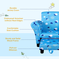 Toddler Chair Children's Armchairs Wood Frame w/ Footrest Anti-Slip Legs High Back Arms for Bedroom Playroom Cute Cloud Star Blue