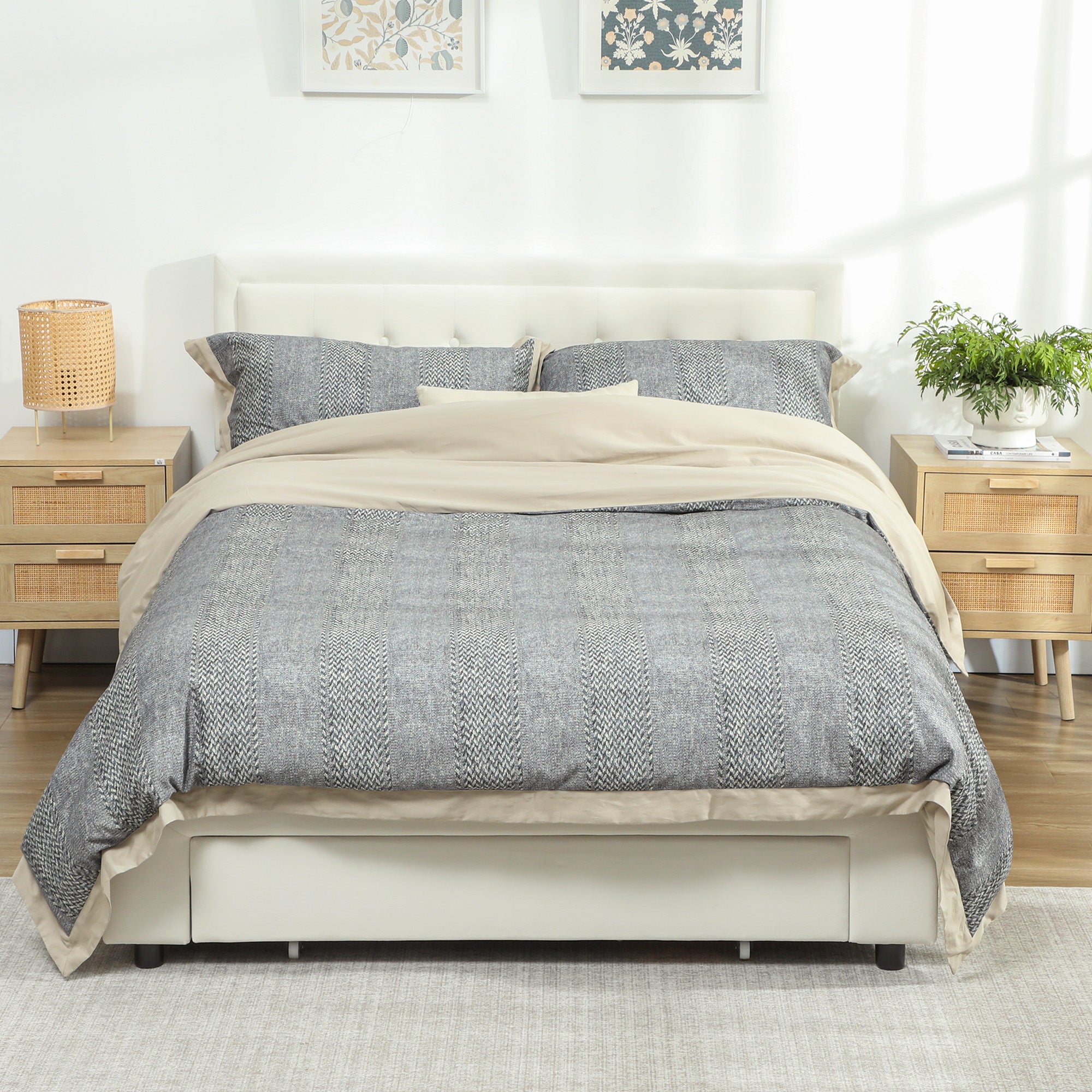 Fynco - Double Ottoman Bed Frame, with Front Drawer - Cream