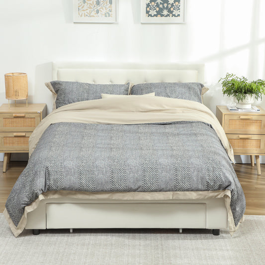 Fynco - Double Ottoman Bed Frame, with Front Drawer - Cream