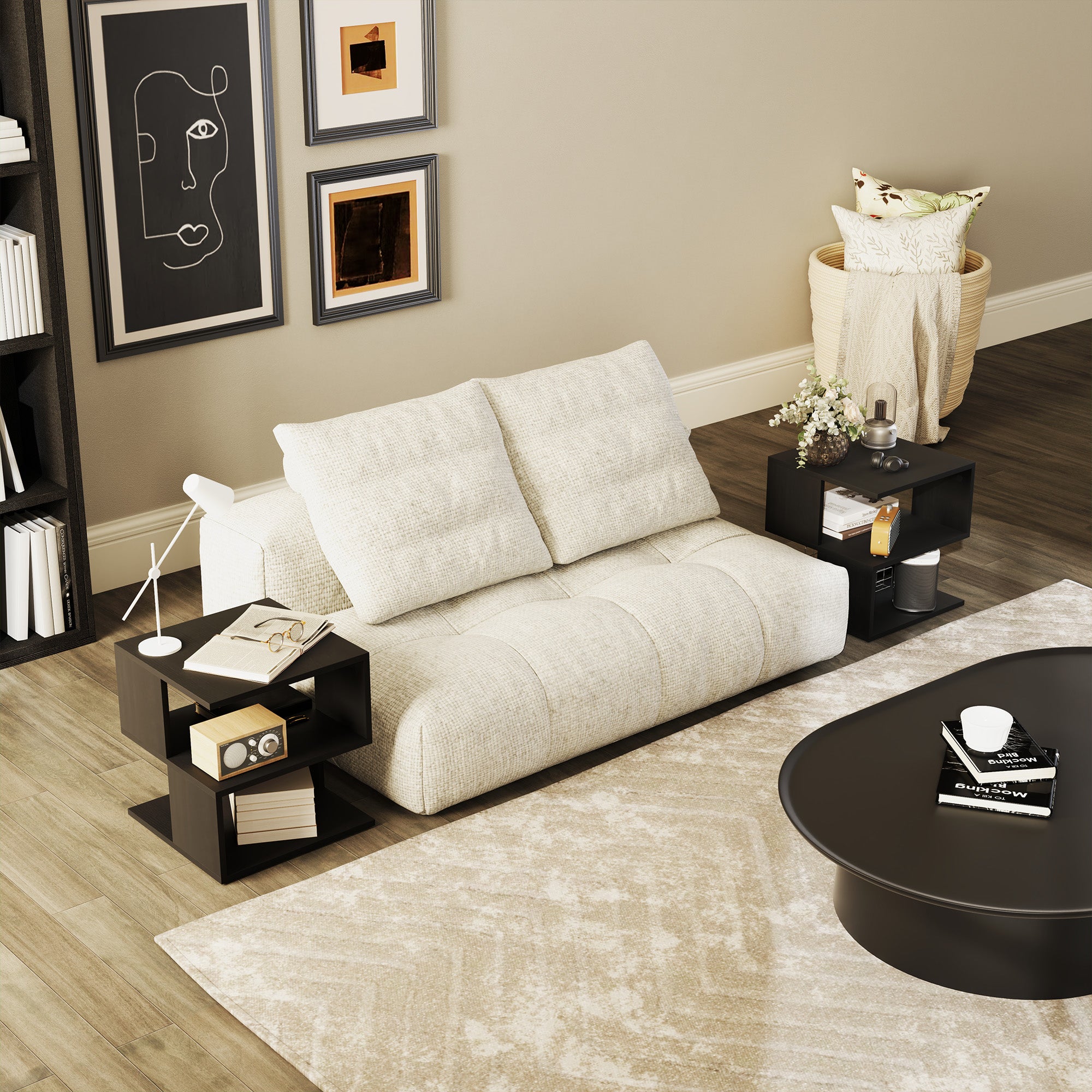 Set of 2 Side Table Square Coffee Table, Modern End Table with 2 Tier Storage Shelves for Living Room, Bedroom, Black
