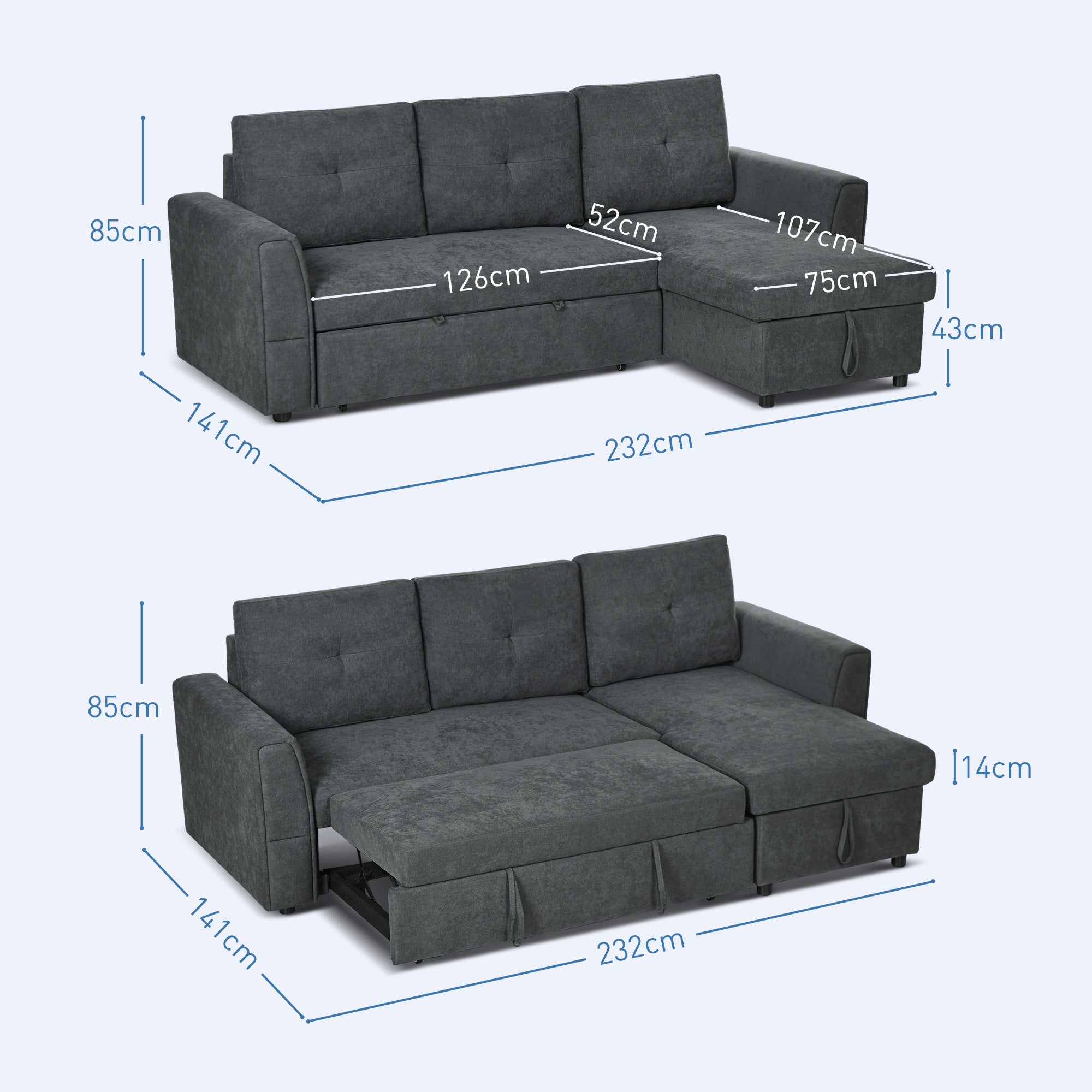 3 Seater Sofa Bed, L Shaped Pull Out Sofa Bed with Storage, Convertible Click Clack Settee Sectional Sleeper Futon for Living Room, Office, Dark Grey