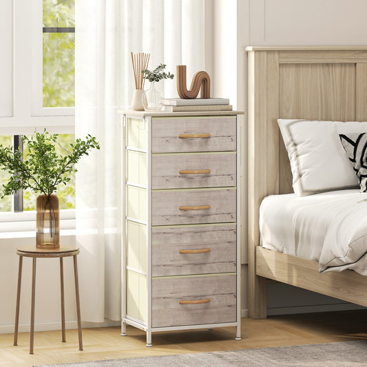 Chest of Five Fabric Drawers - Natural Wood Finish