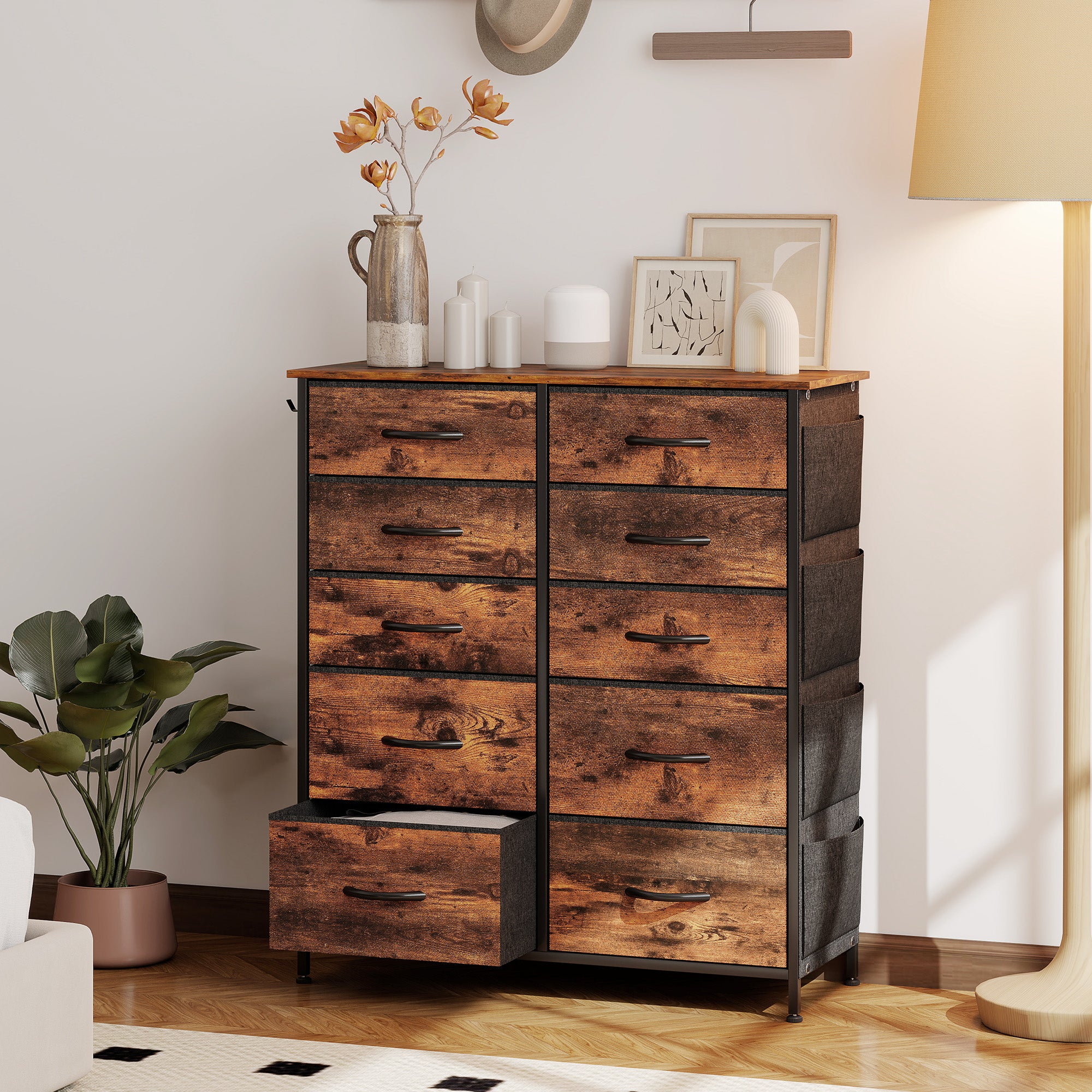 Chest of Ten Fabric Drawers - Rustic Brown