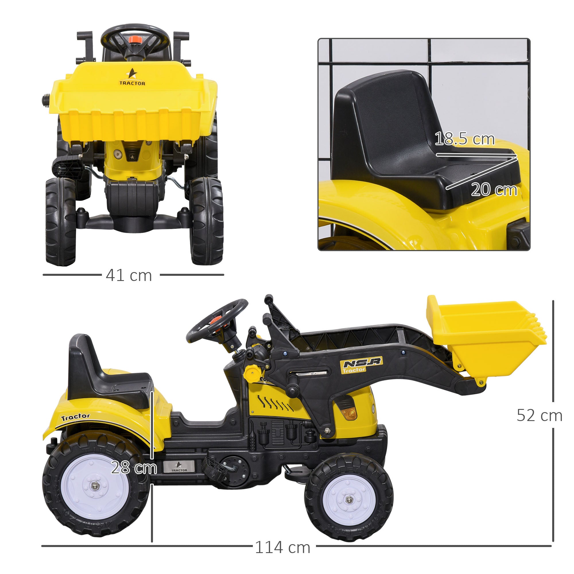 Pedal Go Kart Ride On Excavator W/ Front Loader Digger Four Wheels Child Toy, for 3 Years Old