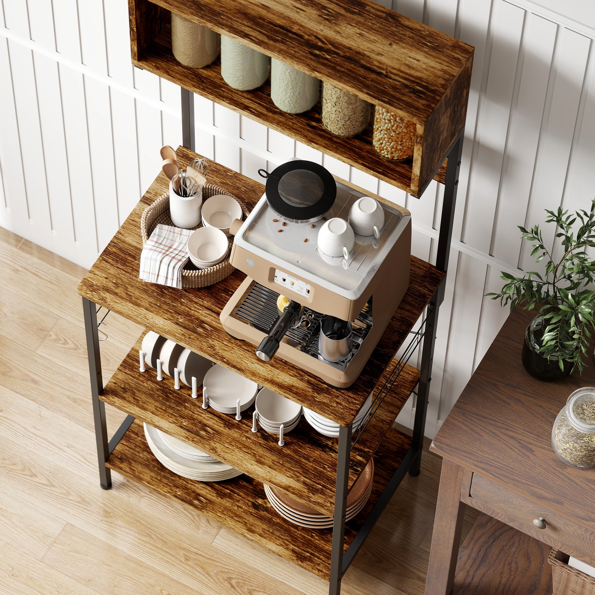 Fynco - Bakers Rack with Power Outlet, USB Charger, Microwave Stand with Adjustable Shelves, 5 Hooks for Small Spaces, Kitchen Storage Unit for Spices, Pots and Pans, Rustic Brown