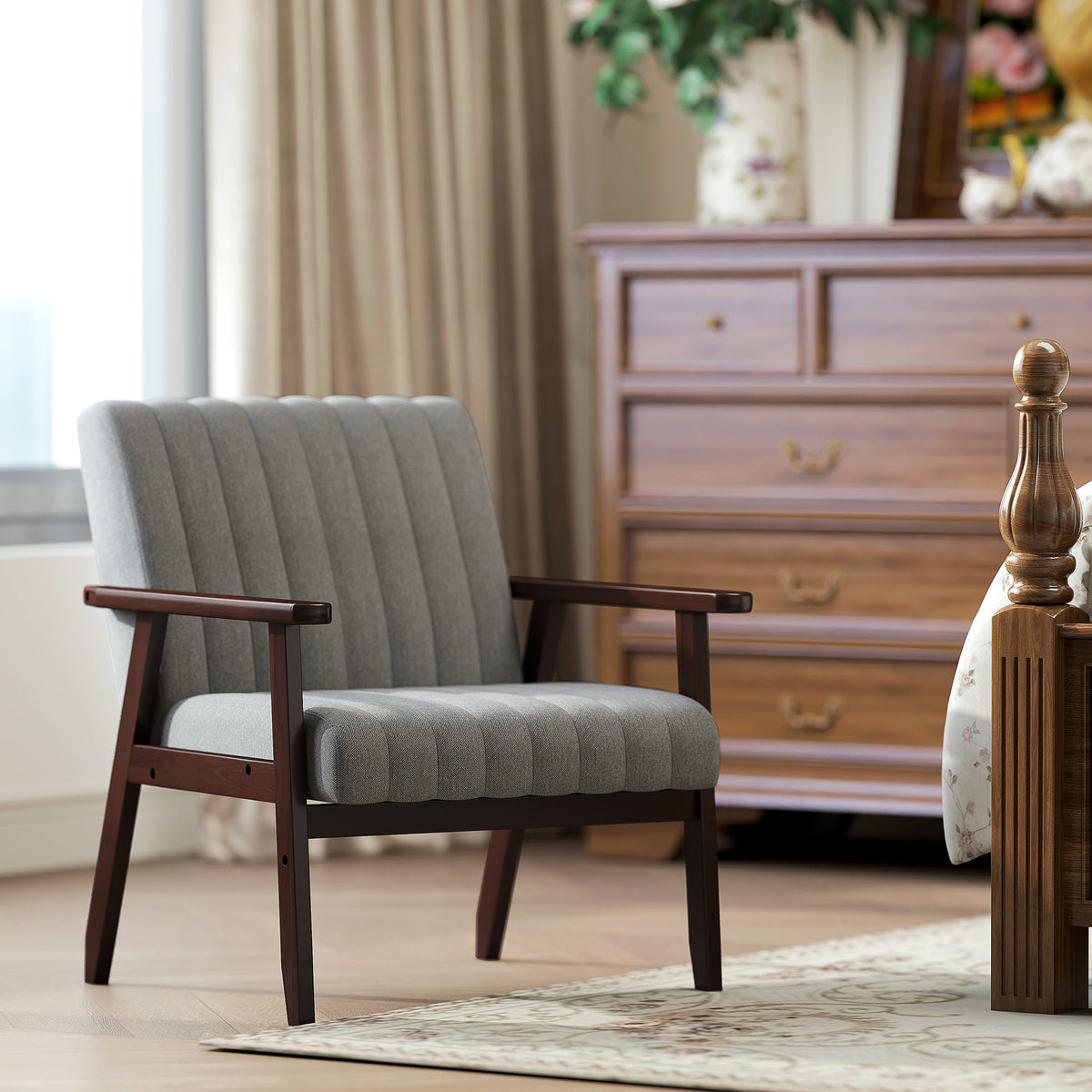 Mid Century Accent Chair, with Wooden Legs - Grey