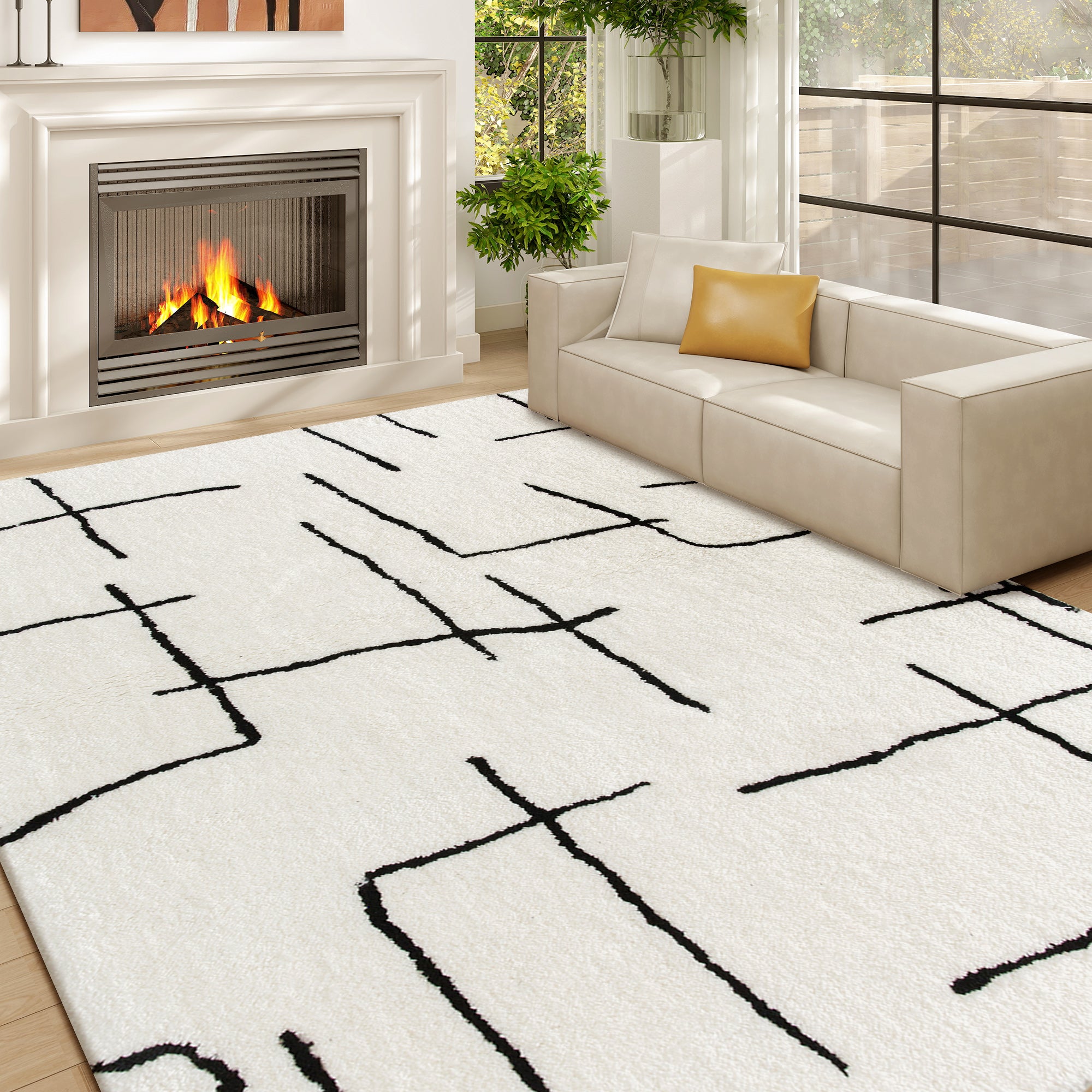 Fynco - Modern Fluffy Area Rug, Geometric Pattern Washable Rug, Soft High Pile Floor Carpet for Living Room, Bedroom, Dining Room, Home Office, 170 x 120 cm, Cream