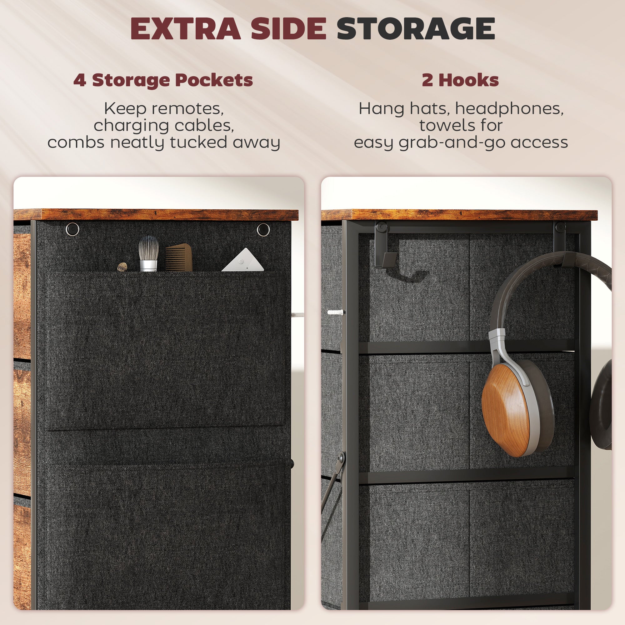 Chest of Five Fabric Drawers - Rustic Brown