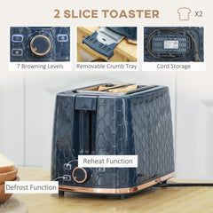 1.7L 3000W Fast Boil Kettle & 2 Slice Toaster Set, Kettle and Toaster Set with Auto Shut Off, Browning Controls, Blue