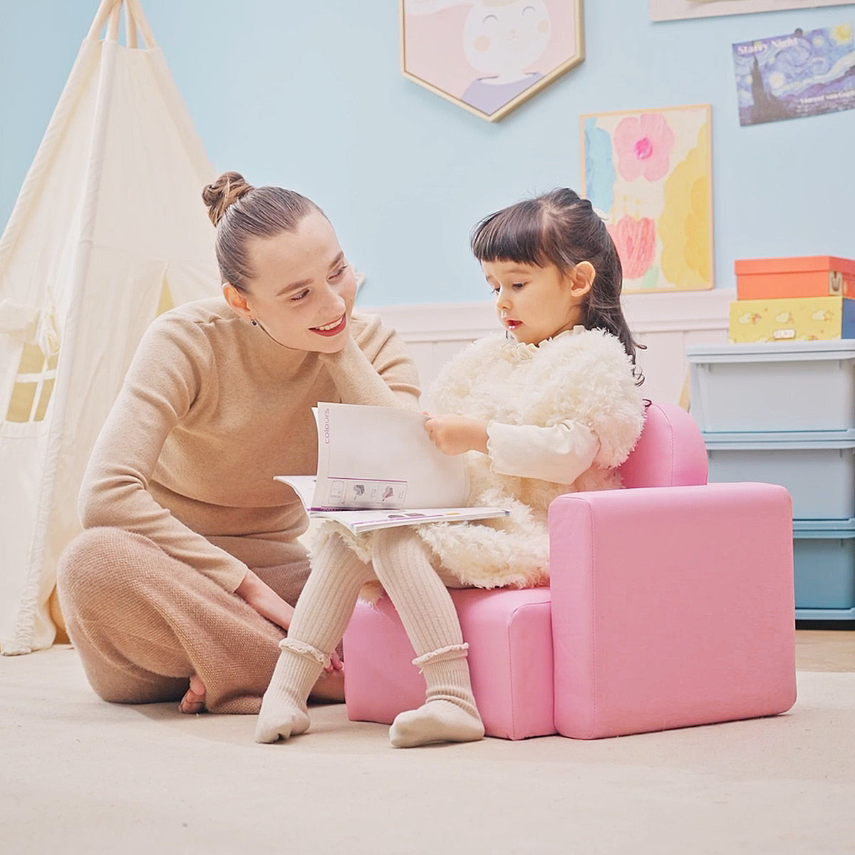 2 In 1 Toddler Sofa Chair, 48 x 44 x 41 cm, for Game Relax Playroom, Pink