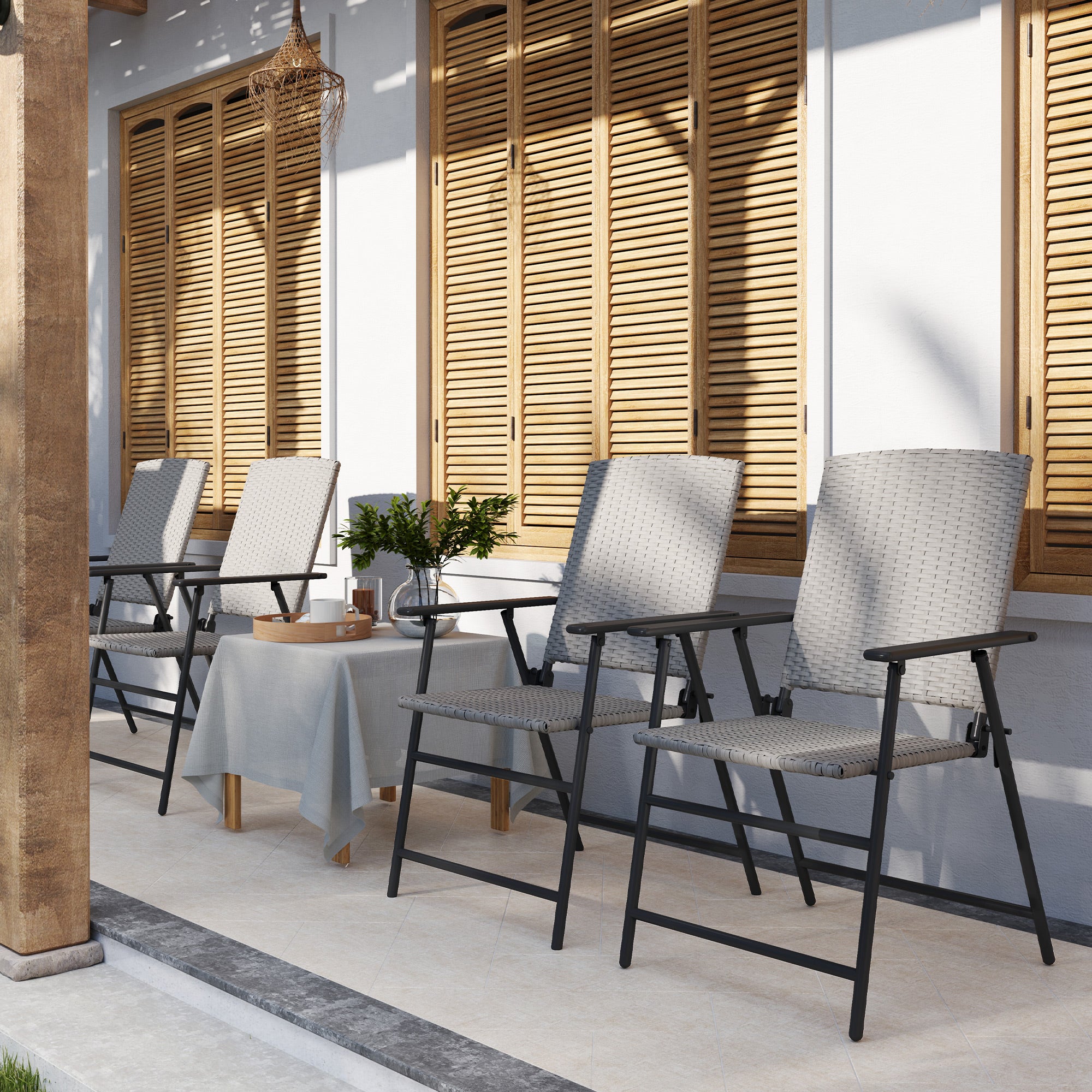 Set of Four Folding Rattan Seat Chairs - Grey