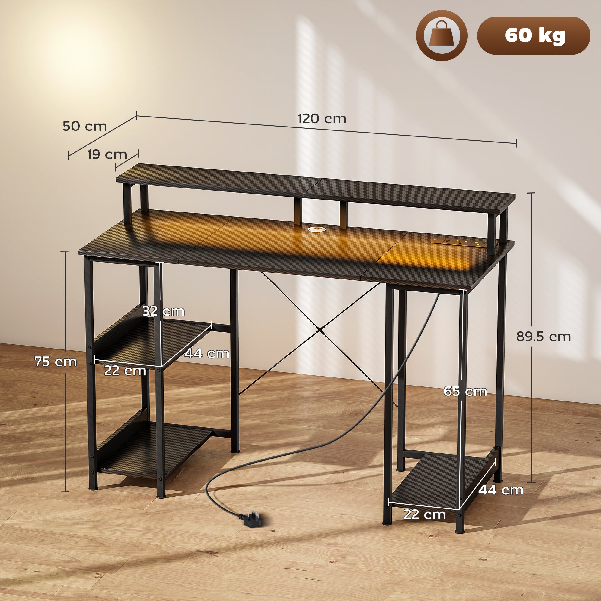 Fynco - LED Computer Desk, with Power Outlets and Shelves - Carbon Fibre Grey