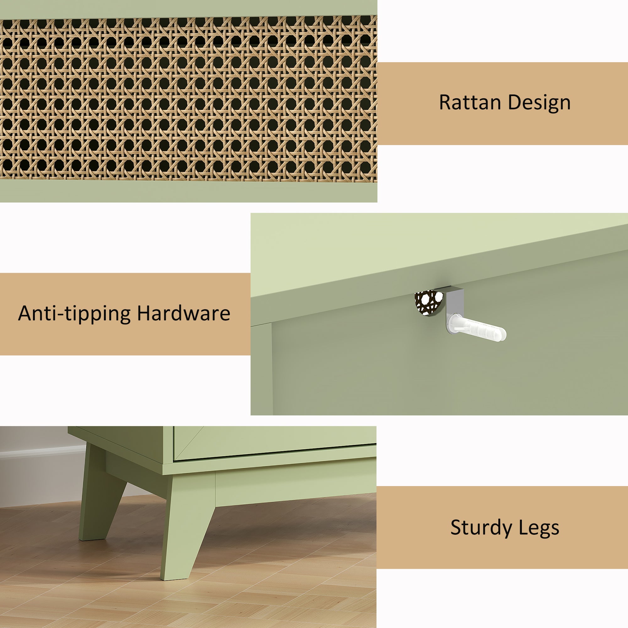 Chest of Drawers, 4-Drawer Storage Organiser Unit with Rattan Element for Bedroom, Living Room, Light Green