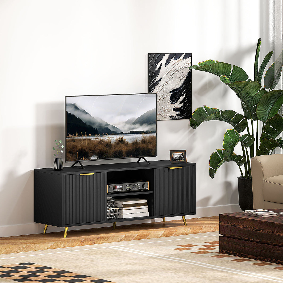 Modern TV Stand Cabinet for TVs up to 55", TV Unit with 2 Open Shelves and 2 Cabinets, Entertainment Centre with Cable Management for Living Room, Black