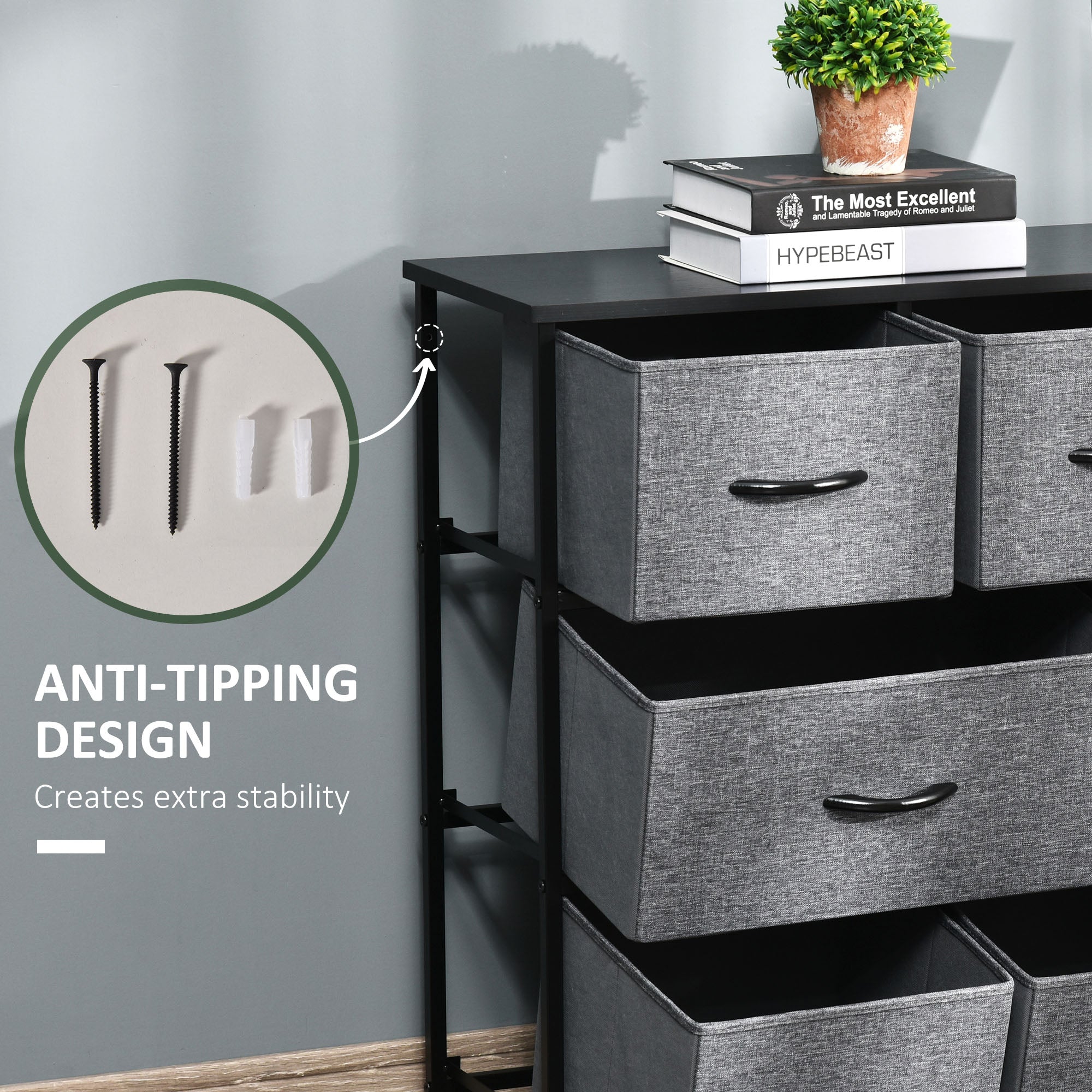 Chest of Drawers with 8 Foldable Drawers, 3-Tier Fabric Bedroom Dresser, Clothes Storage Unit for Bedroom Living Room, Dark Grey