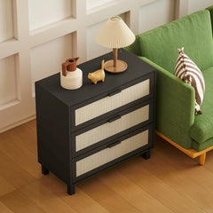 Rattan Bedroom Chest of Drawers, 3 Drawers Storage Unit, Boho Dresser for Living Room, Hallway, Black