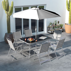 Eight-Piece Garden Dining Set, with Chairs, Table and Parasol - Grey