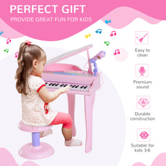37 Keys Kids Mini Electronic Keyboard Children Grand Piano with Stool Microphone Light Musical Instrument Educational Game Toy Set (Pink)