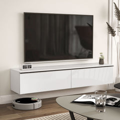 160cm High Gloss Floating TV Unit Stand for TVs up to 70", Wall Mounted TV Cabinet with Storage Cupboards, White