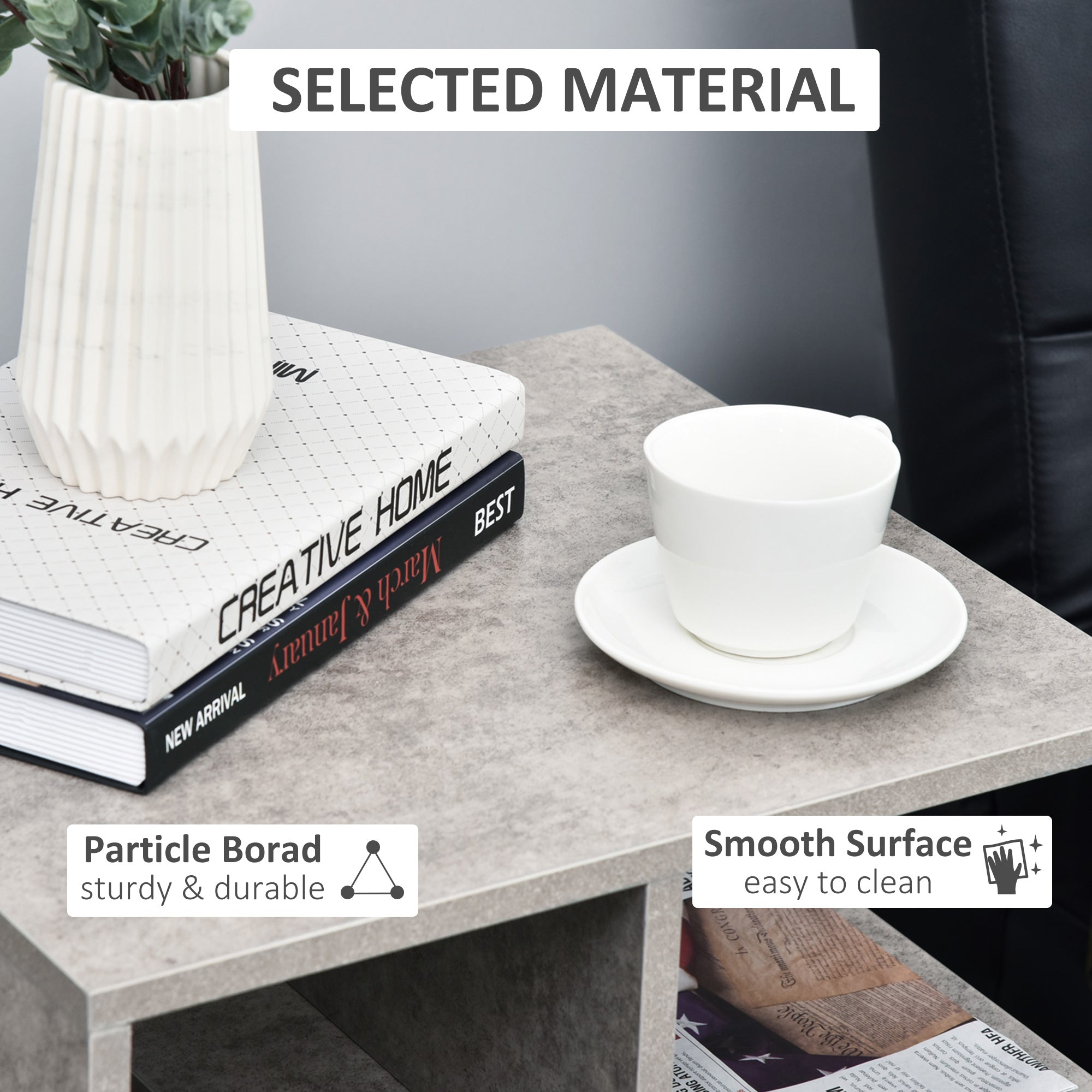 Side Table, 3 Tier End Table with Open Storage Shelves for Living Room, Bedroom, Set of 2, Cement Colour