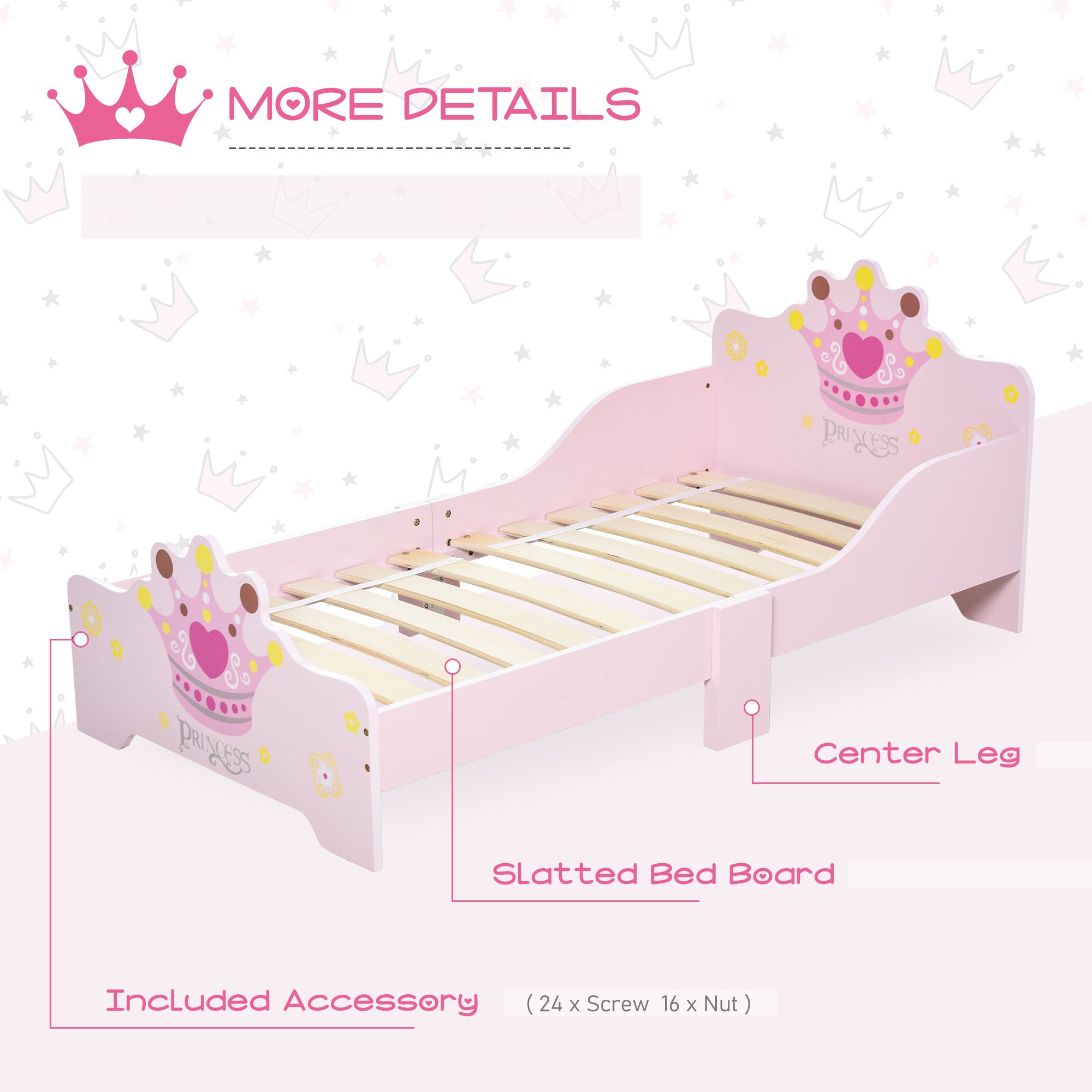 Kids Toddler Bed Princess Crown Theme Safety Side Rails Slats Home Bedroom Furniture Boys Girls 3-6 Yrs Pink 143 x 73 x 60 cm